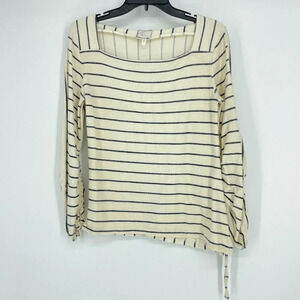 Anthropologie T-Shirt Women’s Sz S Pullover Boat Neck Ribbed Sleeves Cream/Navy
